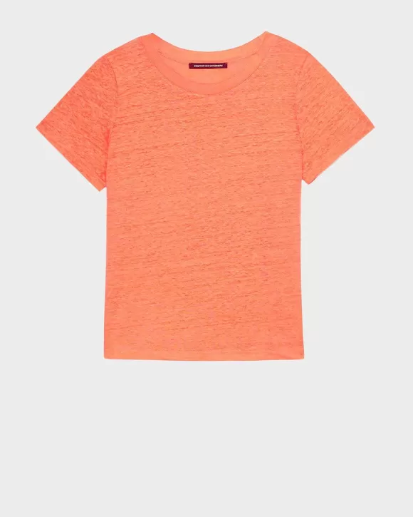 Comptoir des Cotonniers Amandine - T-Shirt Col Rond En Lin Solid Corail Orange>Femelles T-Shirts / Débardeurs