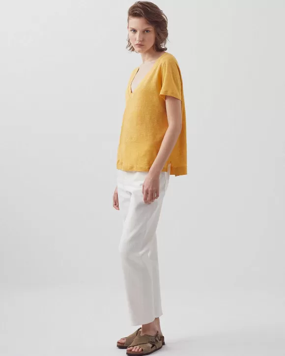 Comptoir des Cotonniers Sarah - T-Shirt Col V En Lin Ochre Yellow>Femelles T-Shirts / Débardeurs