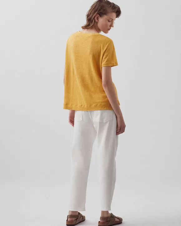 Comptoir des Cotonniers Sarah - T-Shirt Col V En Lin Ochre Yellow>Femelles T-Shirts / Débardeurs