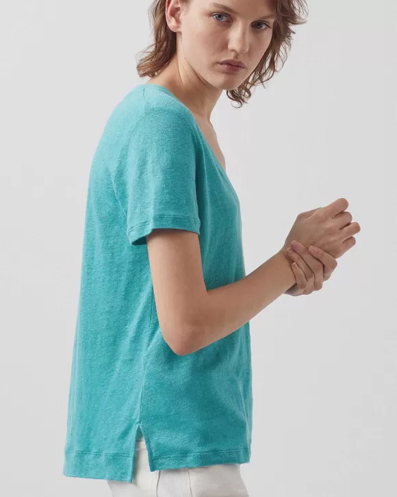 Comptoir des Cotonniers Sarah - T-Shirt Col V En Lin Pagoda Blue Blue>Femelles T-Shirts / Débardeurs