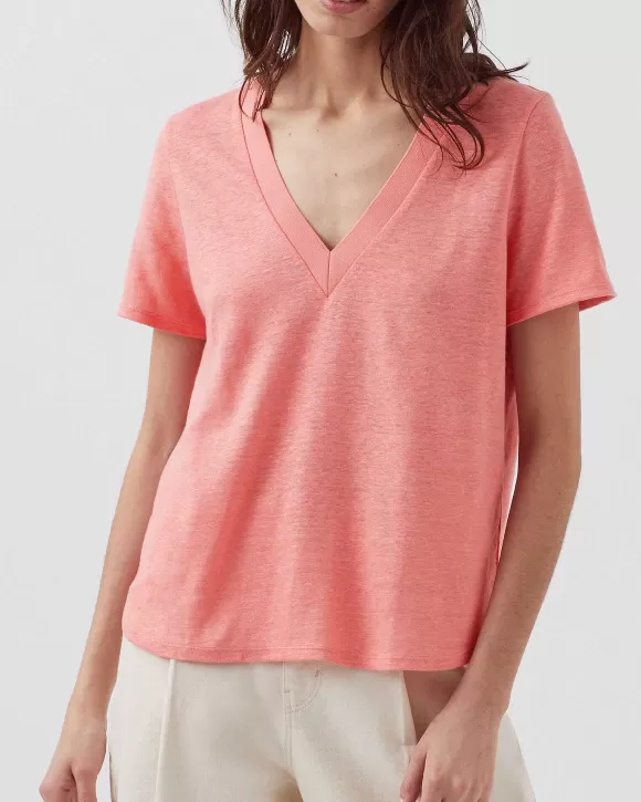 Comptoir des Cotonniers Sarah - T-Shirt Col V En Lin Silver Pink>Femelles T-Shirts / Débardeurs