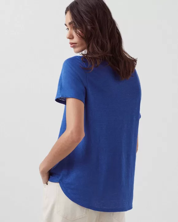 Comptoir des Cotonniers Sarah - T-Shirt Col V En Lin Sodalite Blue>Femelles T-Shirts / Débardeurs